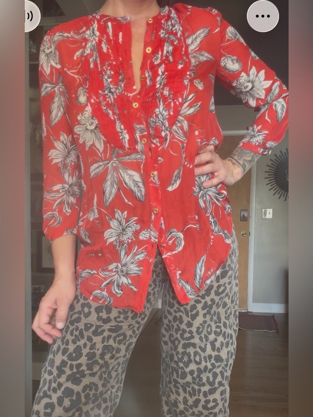 leifsdottir Red Floral Ruffle-Front Button Down Shirt